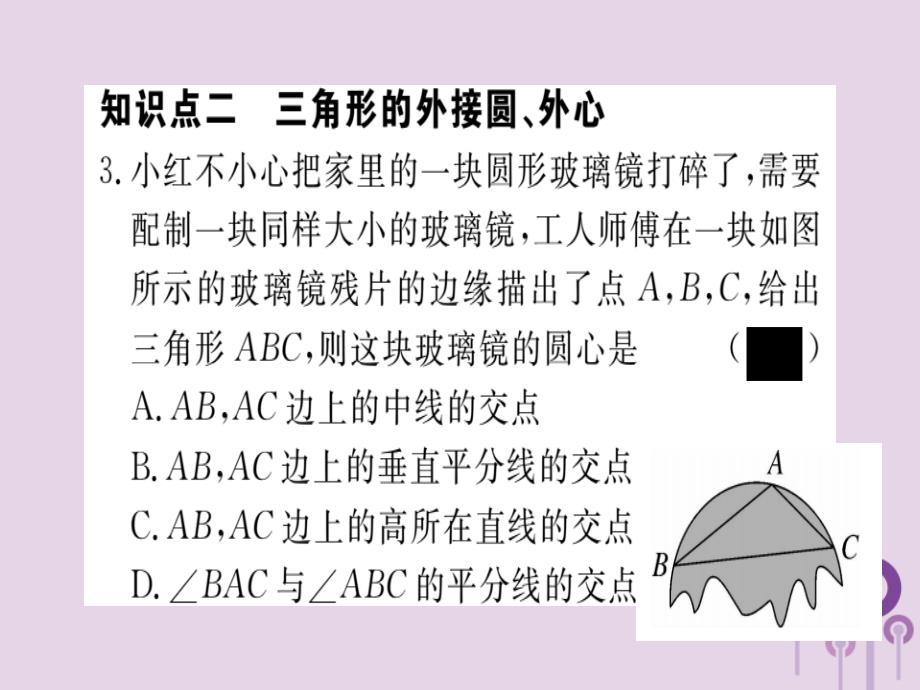 通用春九级数学下册第3章圆3.5确定圆的条件习题讲评新北师大.ppt_第3页