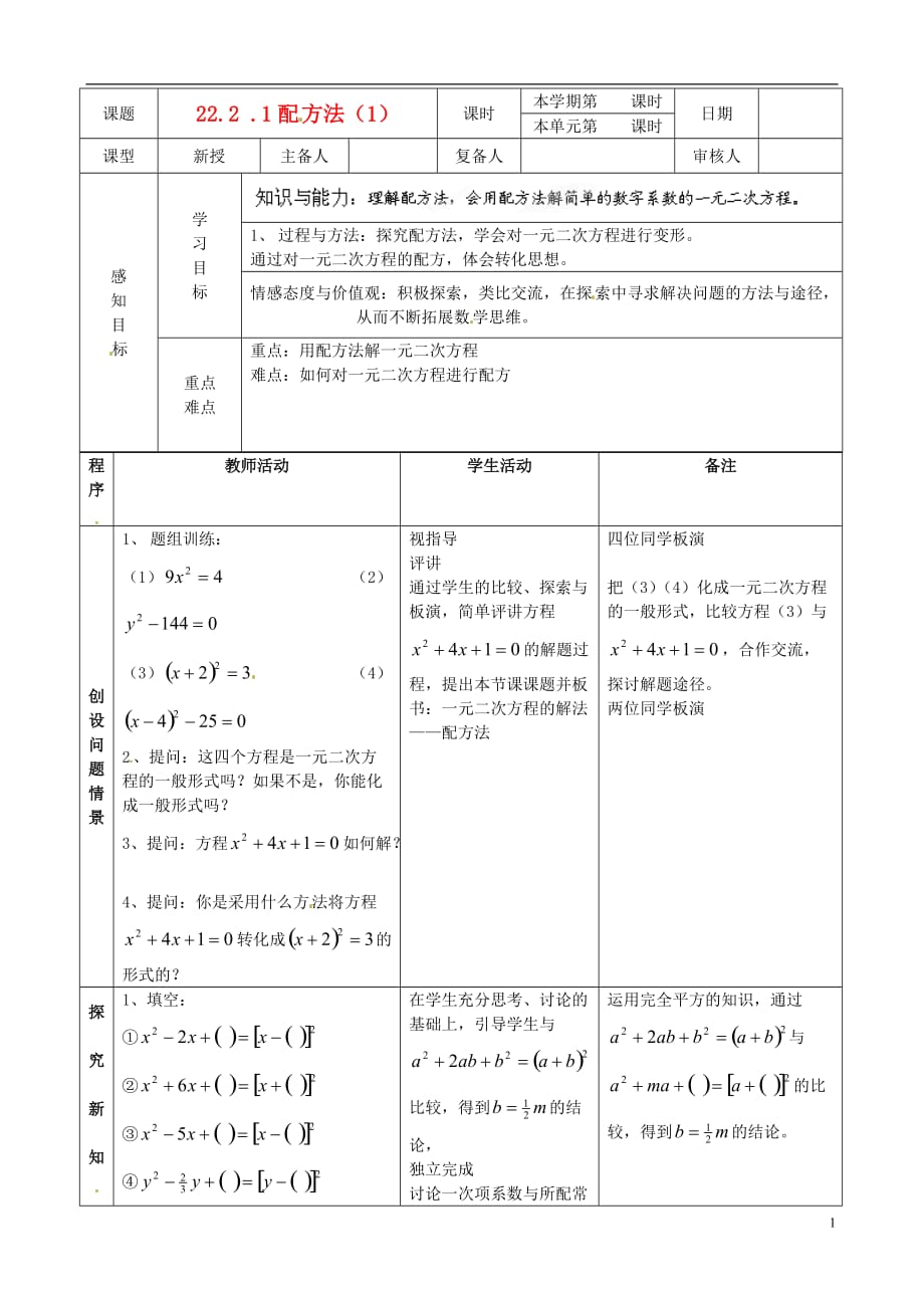 山东邹平实验中学九级数学上册22.1一元二次的解法配方法教学案1 .doc_第1页