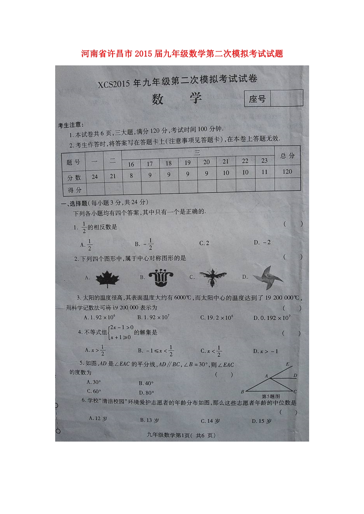 河南许昌九级数学第二次模拟考试 1.doc_第1页