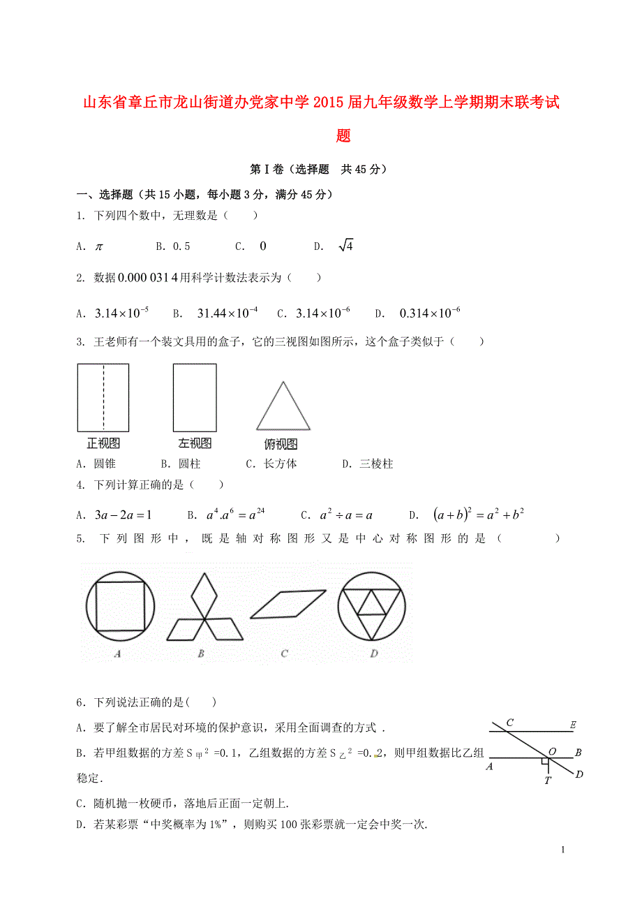 山东章丘龙山街道办党家中学九级数学期末联考 1.doc_第1页