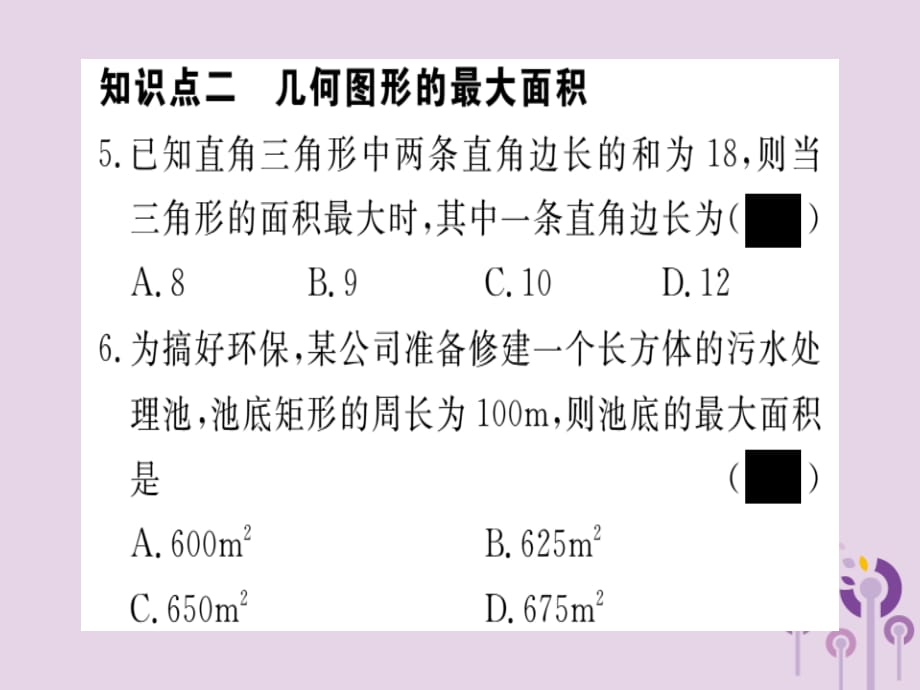 通用春九级数学下册第2章二次函数2.4二次函数的应用第1课时图形面积的最大值习题讲评新北师大03231158.ppt_第5页