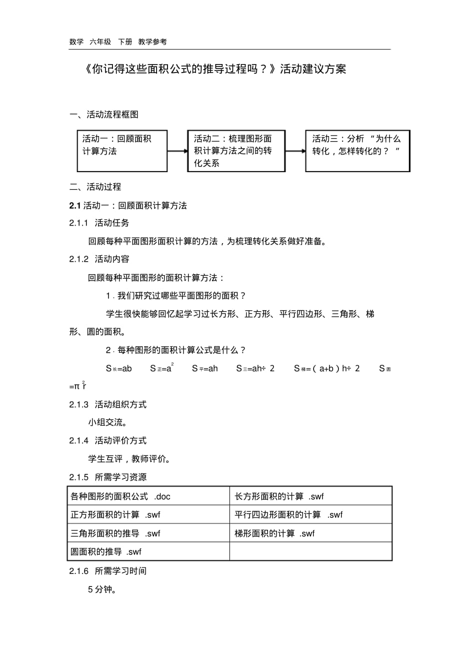 精品 《你记得这些面积公式的推导过程吗？》活动建议方案_第1页