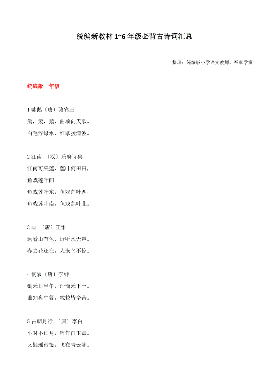 部编版六年级下册语文1~6年级必背古诗词汇总_第1页