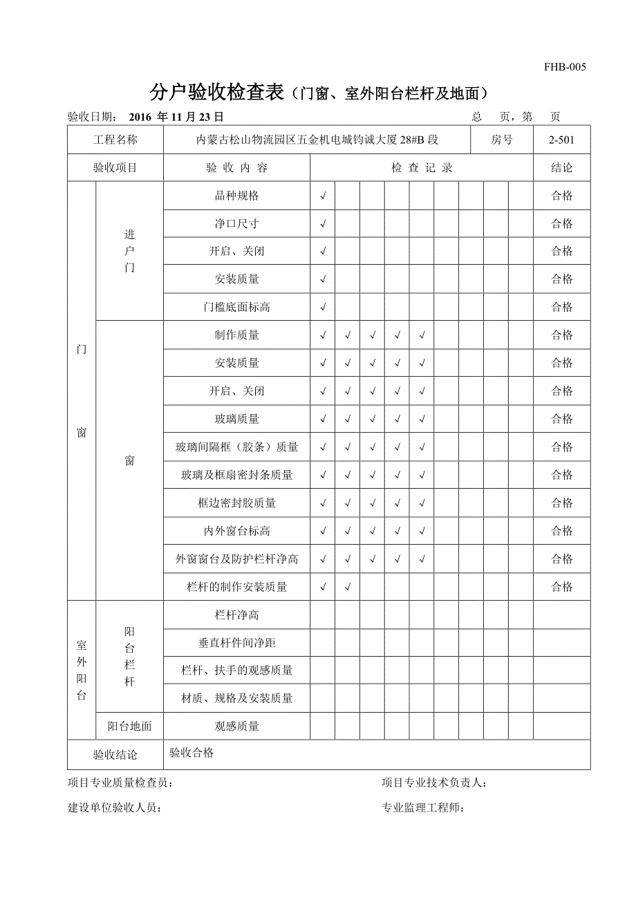 2020年分户验收检查表(门窗、室外阳台栏杆及地面)精品_第1页