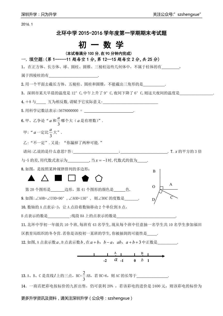 广东省深圳市北环中学2015-2016学年度第一学期期末考试题初一数学试题（有答案）_第1页