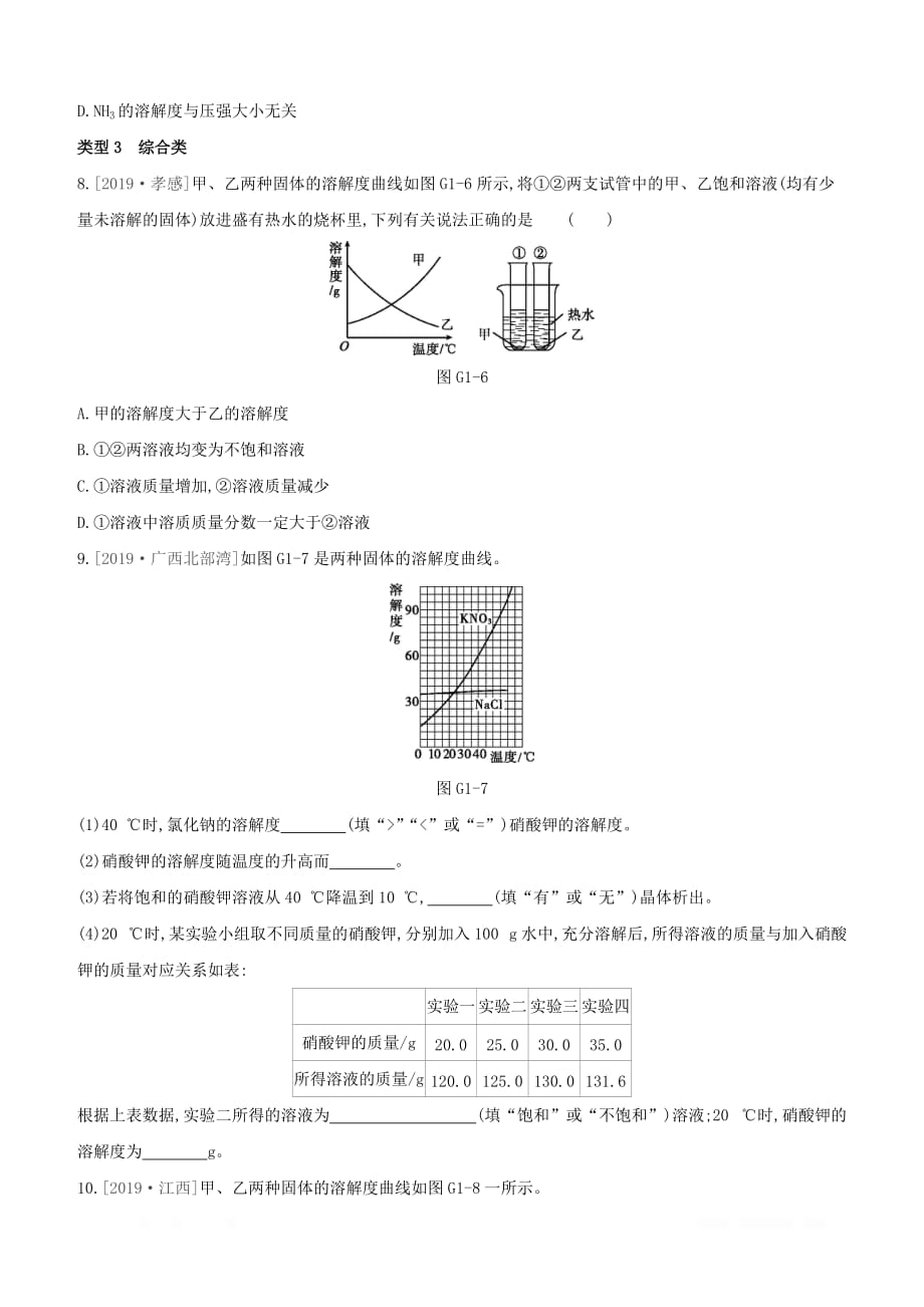 山西专版2020年中考化学复习方案专项01溶解度曲线和溶解度表试题_第4页