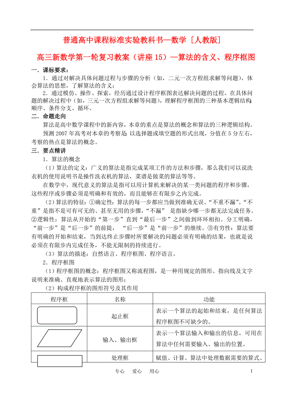 高三数学第一轮复习单元讲座 第15讲 算法的含义 程序框图教案 新人教版.doc_第1页