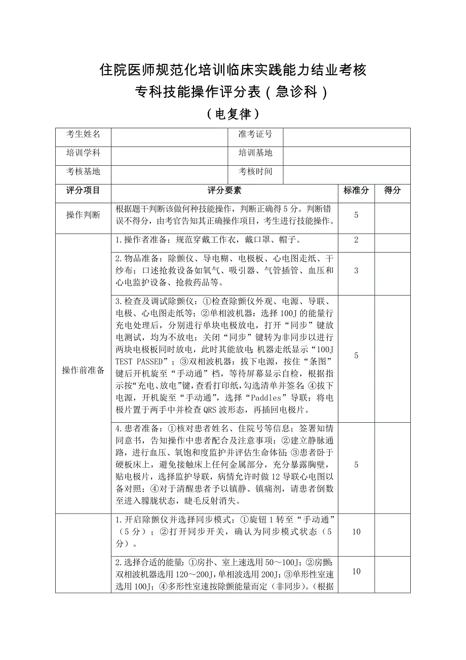 住院医师规范化培训临床实践能力结业考核专科技能操作评分表（急诊科）电复律_第1页