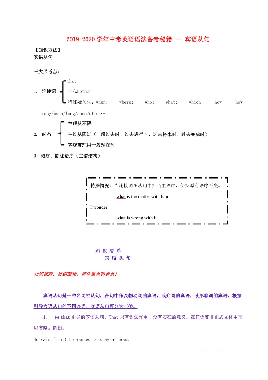 2019-2020学年中考英语语法备考15宾语从句讲解_第1页