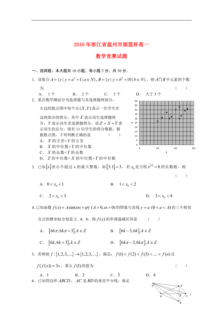 浙江省温州市2010年摇篮杯高一数学竞赛试题新人教A版.doc_第1页