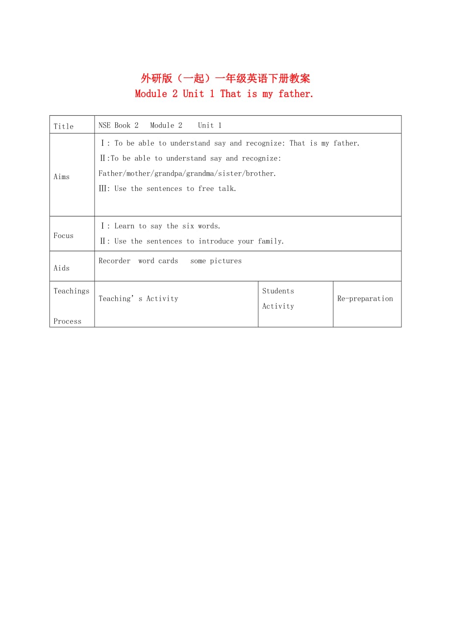 一年级英语下册 Module 2 Unit 1(3)教案 外研版（一起）_第1页