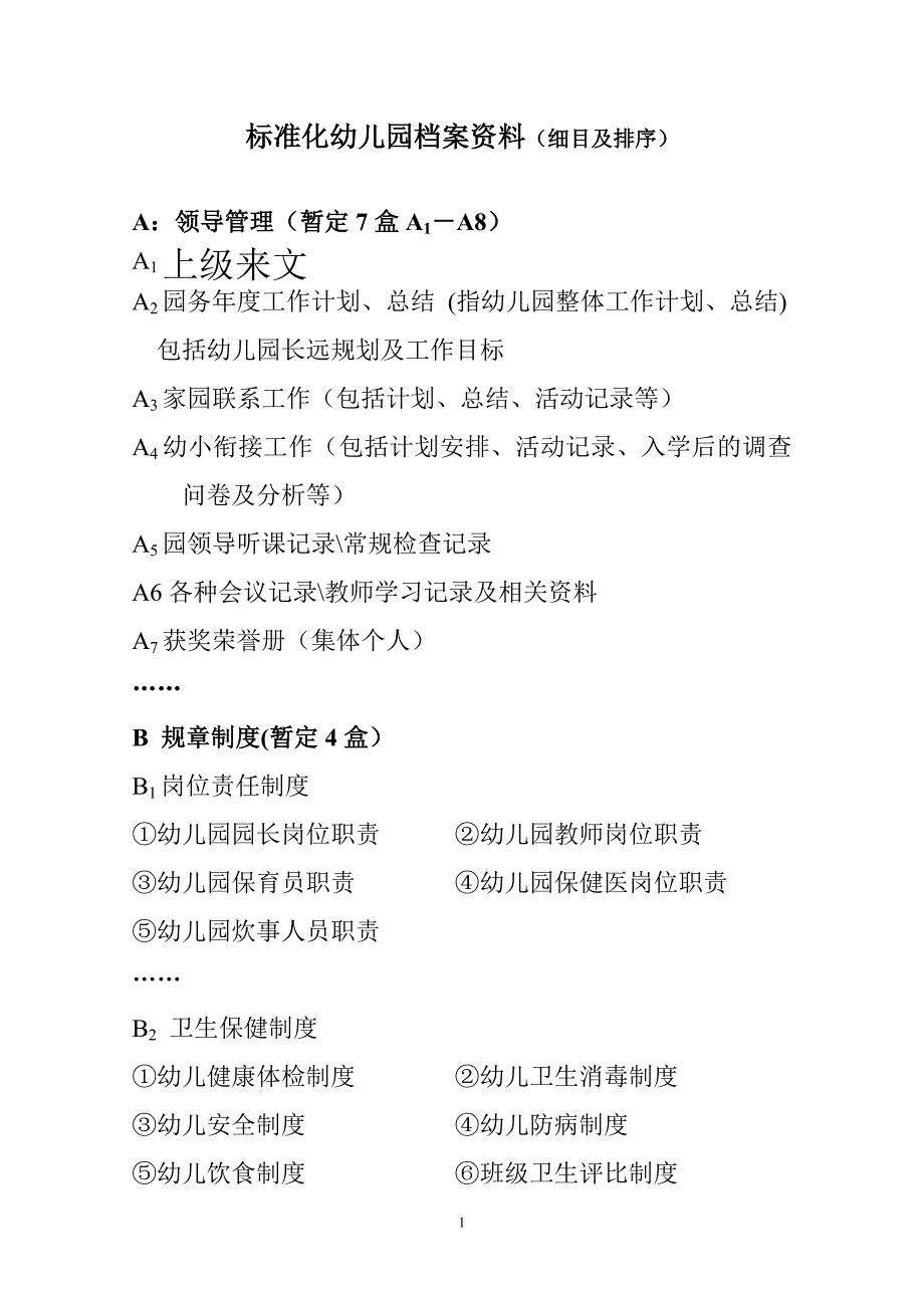 2020年标准化幼儿园档案资料(细目及排序)精品_第1页