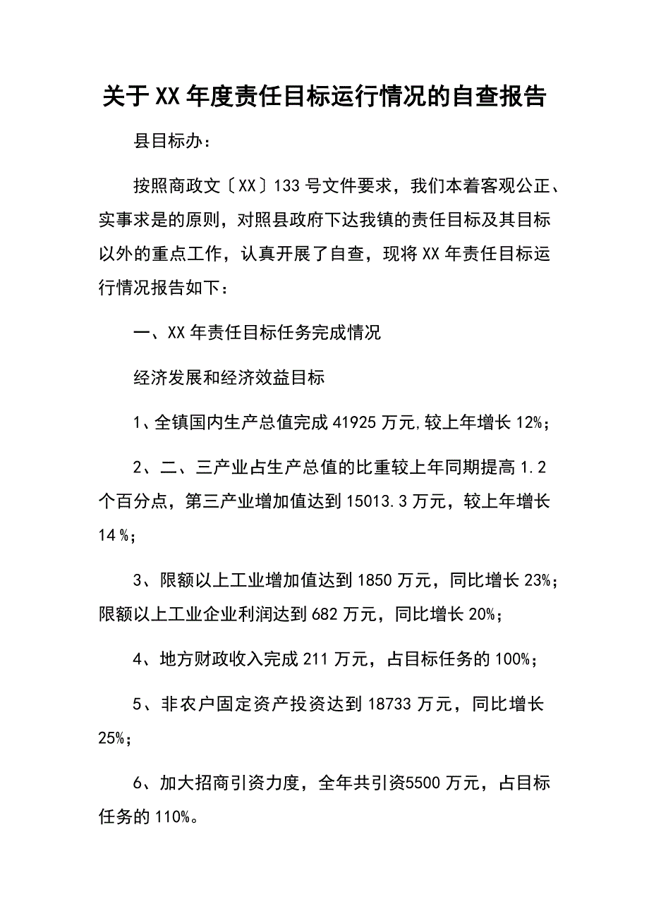 关于XX年度责任目标运行情况的自查报告.docx_第1页