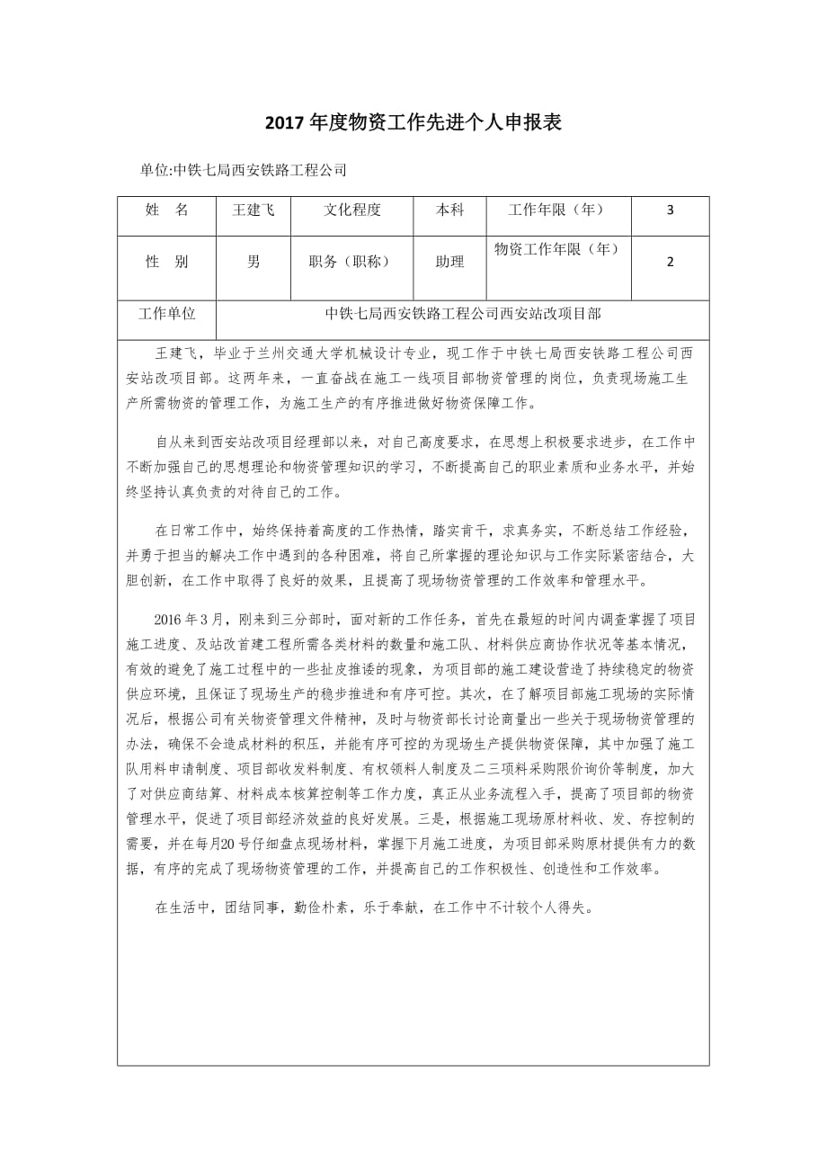 2017年度物资工作先进个人申报表王建飞_第1页