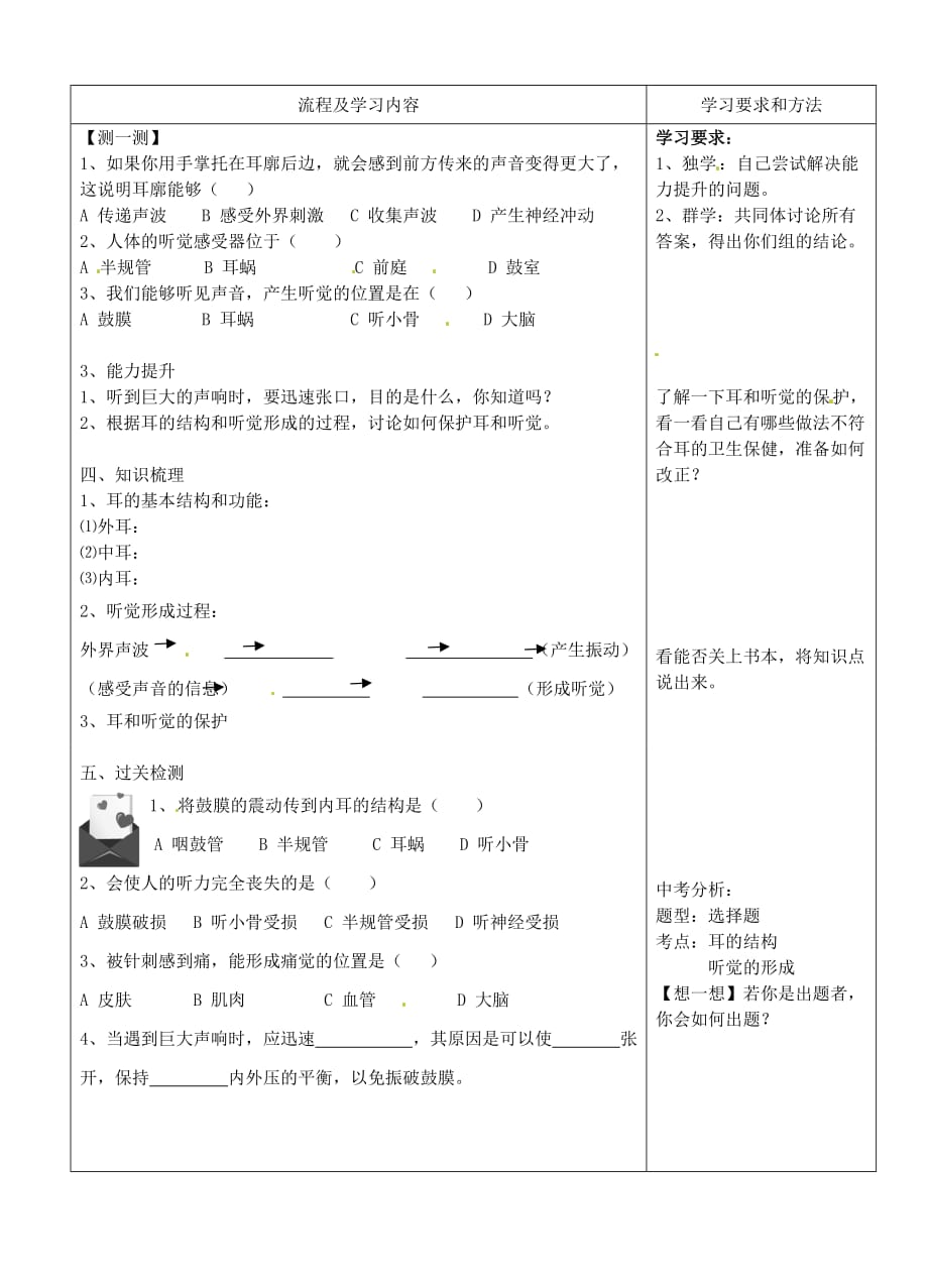 七年级生物下册-第四单元-第六章-人体生命活动的调节《耳和听觉》导学案_第3页