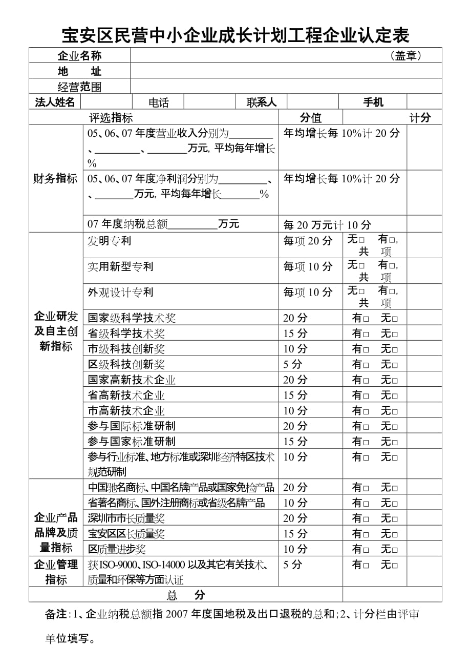 2020宝安区民营中小企业成长计划工程企业认定表精品_第1页