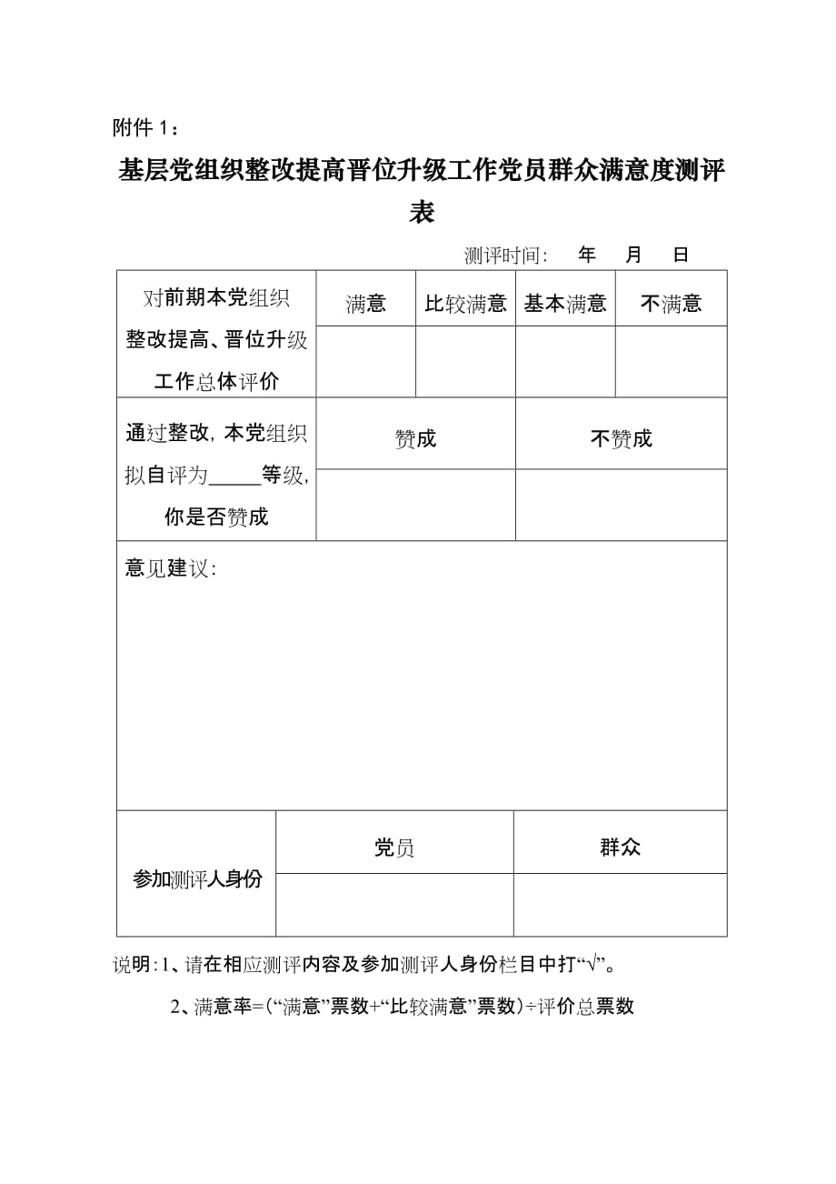 基层党组织整改提高晋位升级工作党员群众满意度测评表_第1页