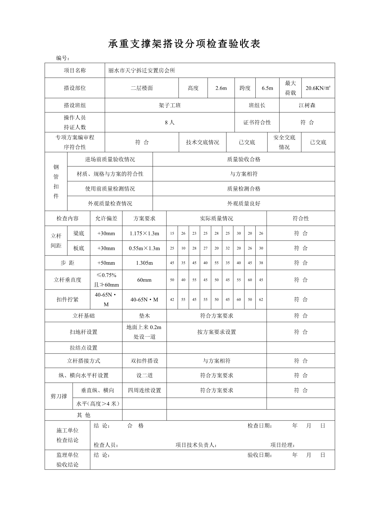 2020承重支撑架搭设分项检查验收表精品_第1页