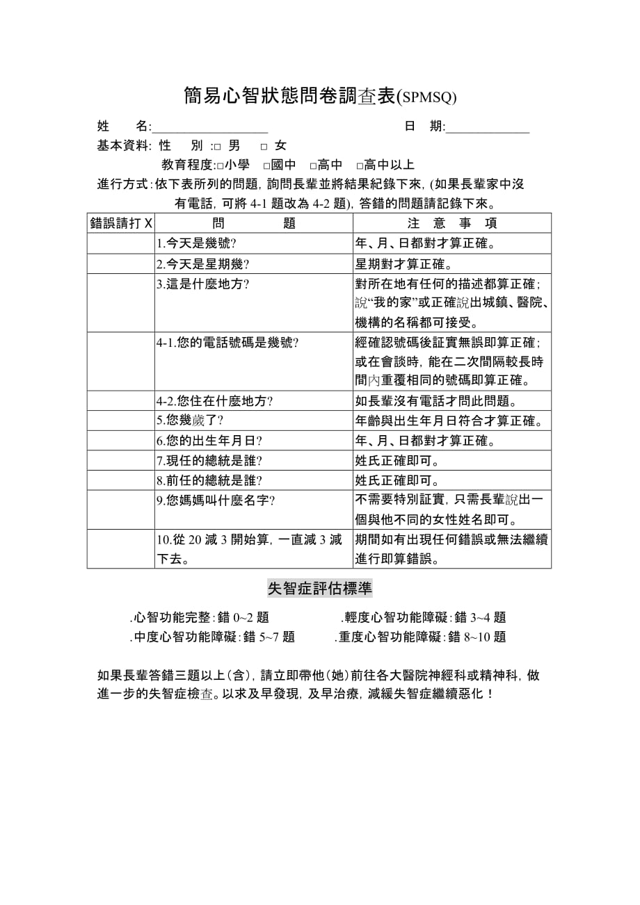 简易心智状态问卷调查表SPMSQ_第1页