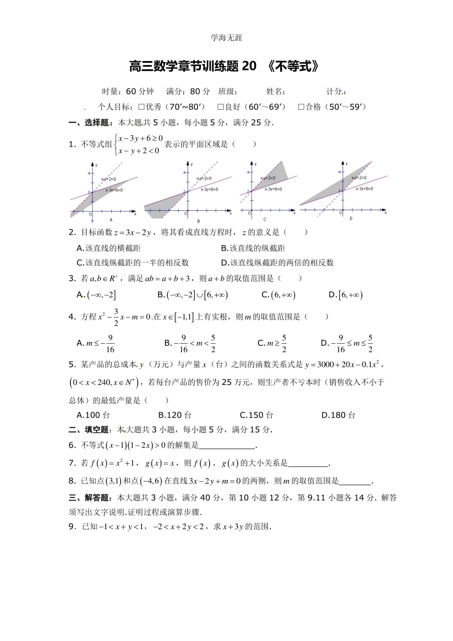 高中数学分章节训练试题：20不等式（整理）_第1页
