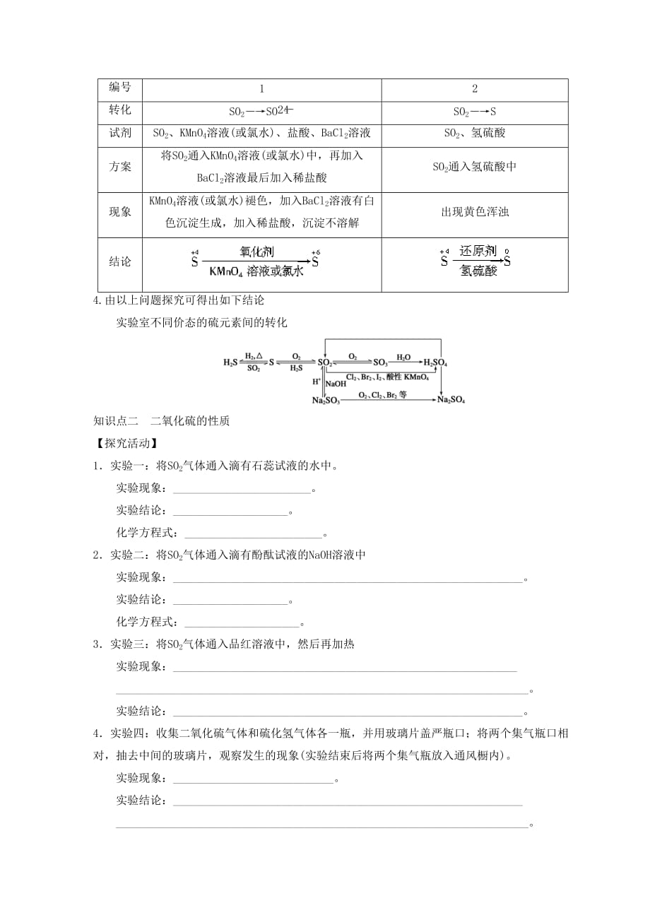 2020高中化学第三章自然界中的元素第3节硫的转化第二课时学案无答案鲁科版必修1202008293141_第2页