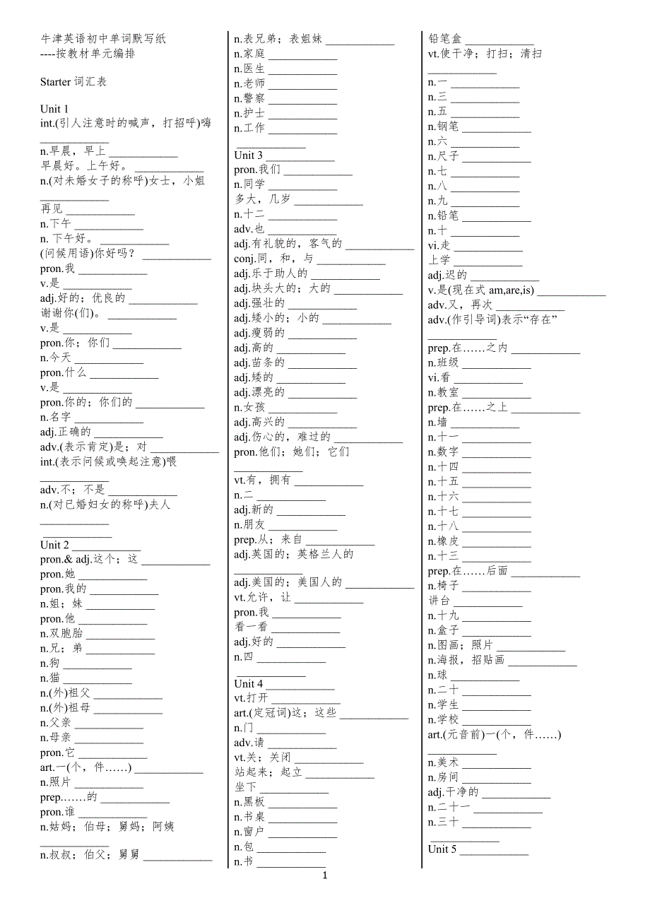 牛津英语初中单词默写纸.doc_第1页