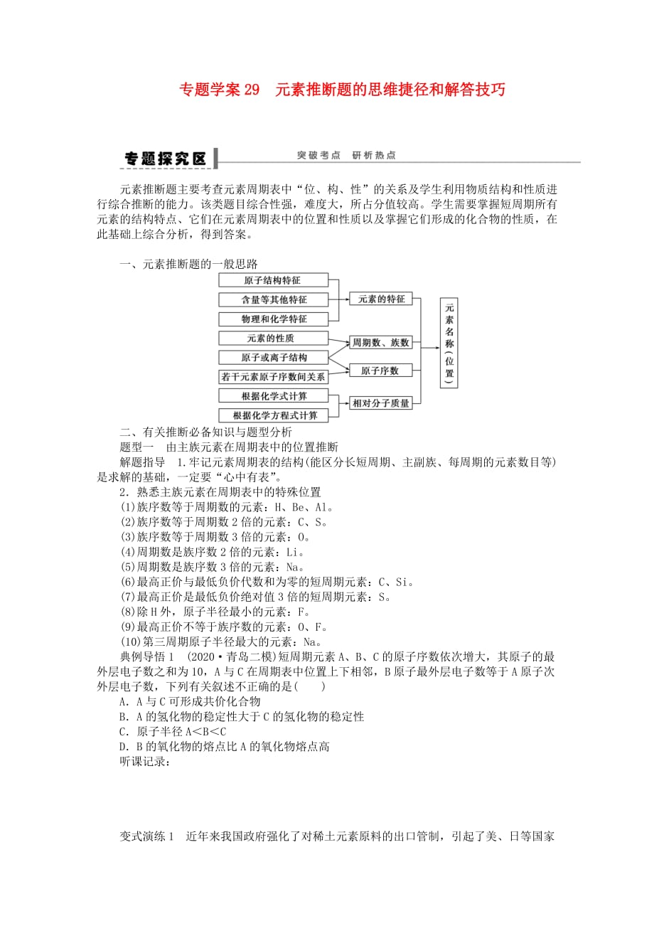 2020高考化学一轮复习展示课时 第五章 专题学案29 元素推断题的思维捷径和解答技巧导学案_第1页