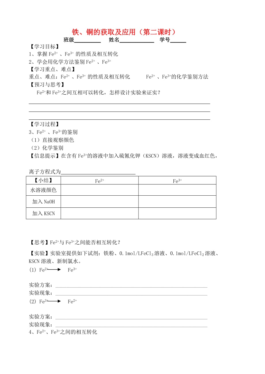 江苏省宜兴中学高中化学 3.2铁、铜的获取及应用学案2（无答案）苏教版必修1_第1页