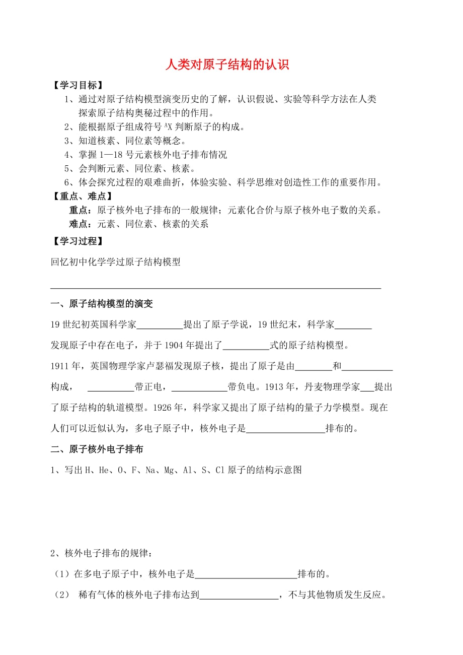 江苏省宜兴中学高中化学 1.3人类对原子结构的认识学案（无答案）苏教版必修1_第1页