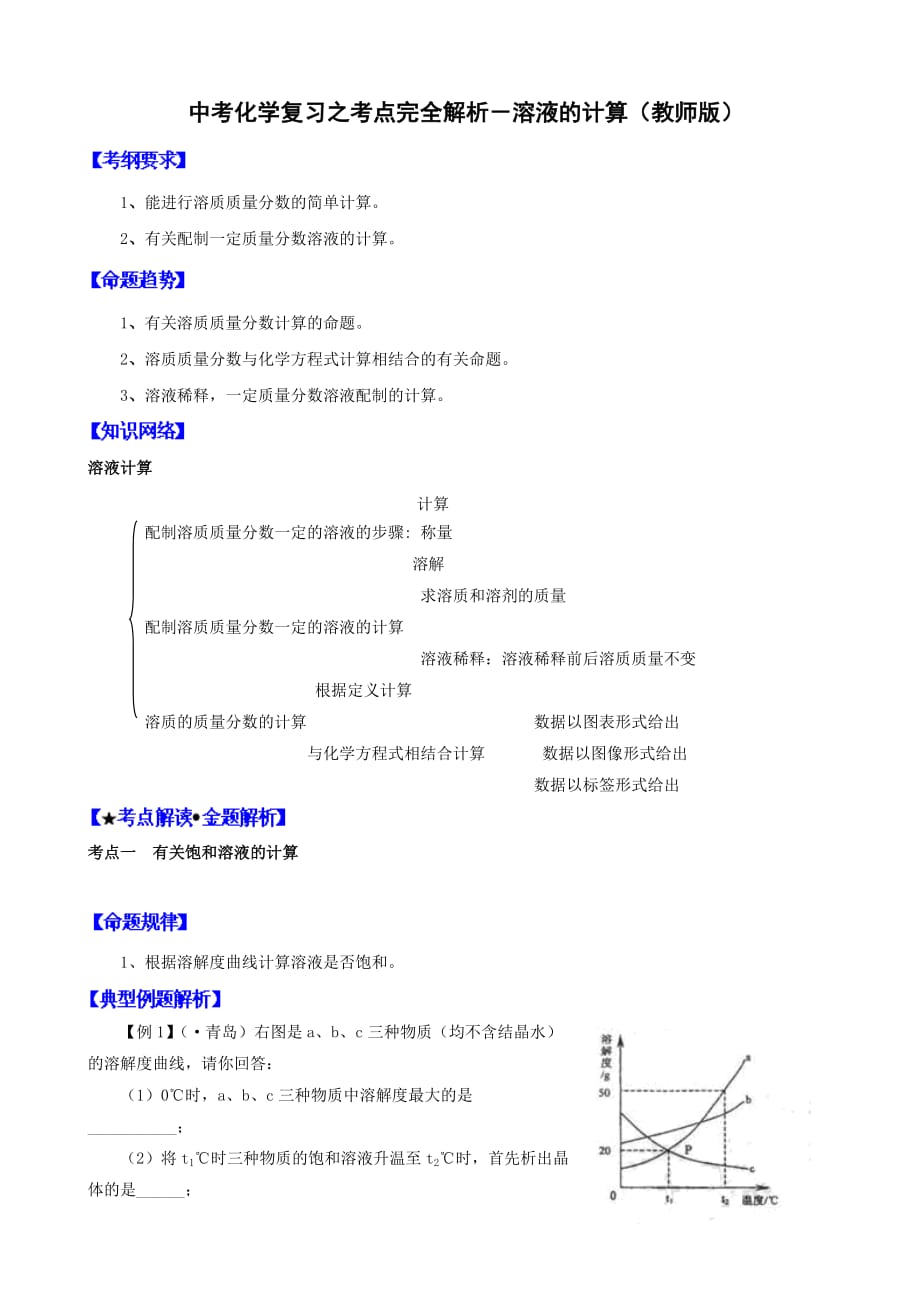 中考化学复习考点完全解析溶液的计算（教师版）.doc_第1页