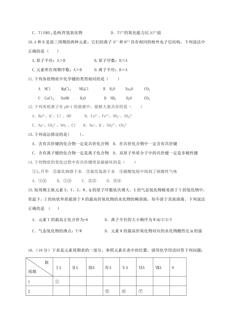 山东省滨州市邹平双语学校2020学年高一化学下学期第一次月考试题（无答案）_第2页