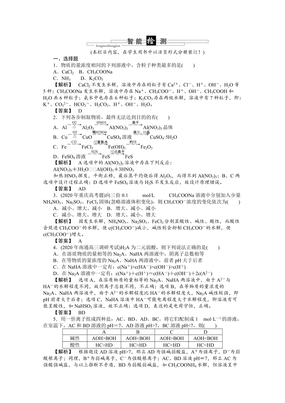 2020年《龙门亮剑》高三化学 第八章 第3讲盐类的水解智能检测 新人教版_第1页