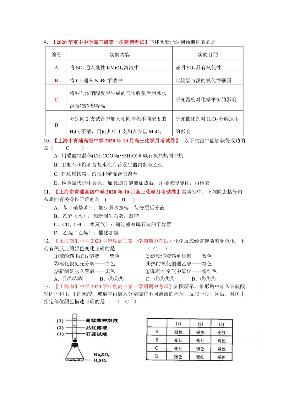 2020届上海市高三化学各地名校月考试题汇编：实验基础_第3页