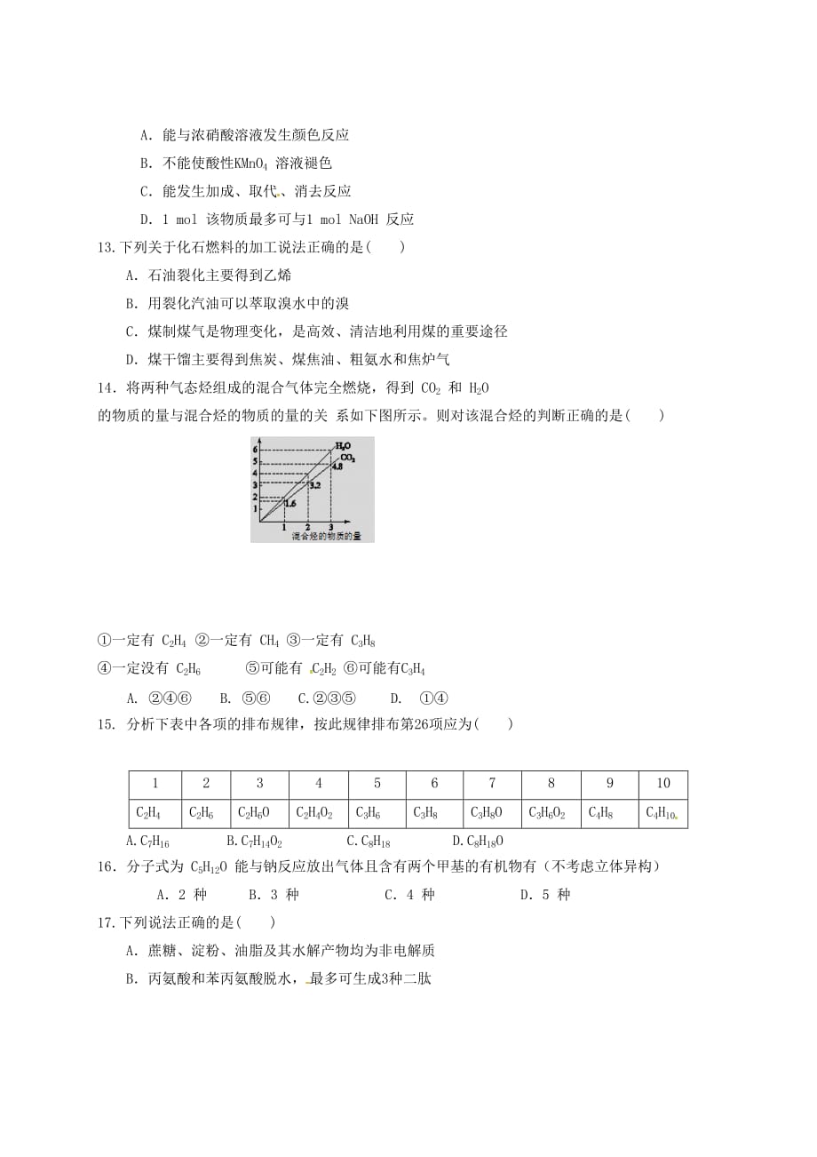 黑龙江省哈尔滨市2020学年高一化学6月月考试题（无答案）_第3页