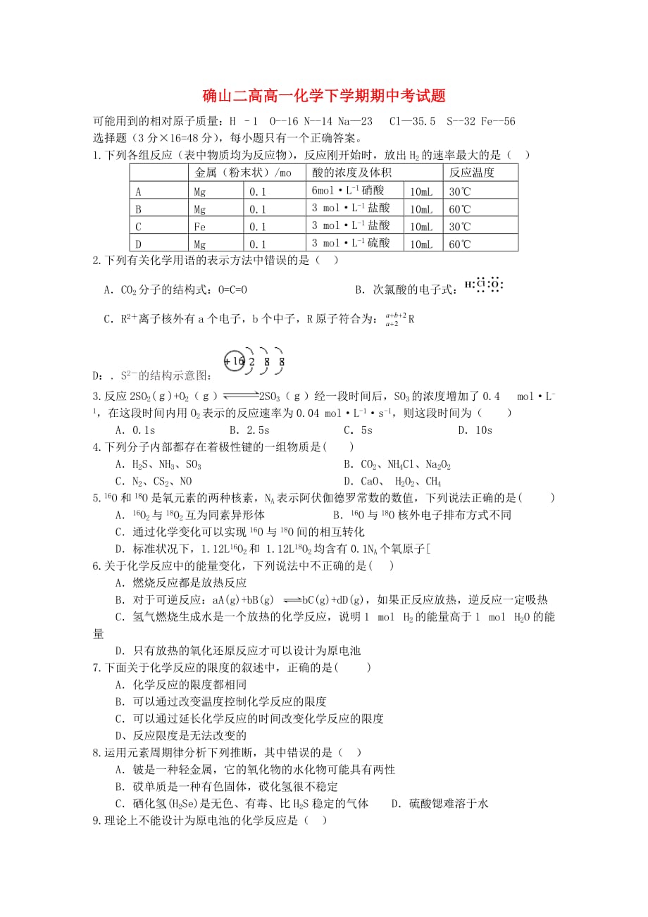 河南省确山县第二高级中学2020学年高一化学下学期期中试题（无答案）_第1页