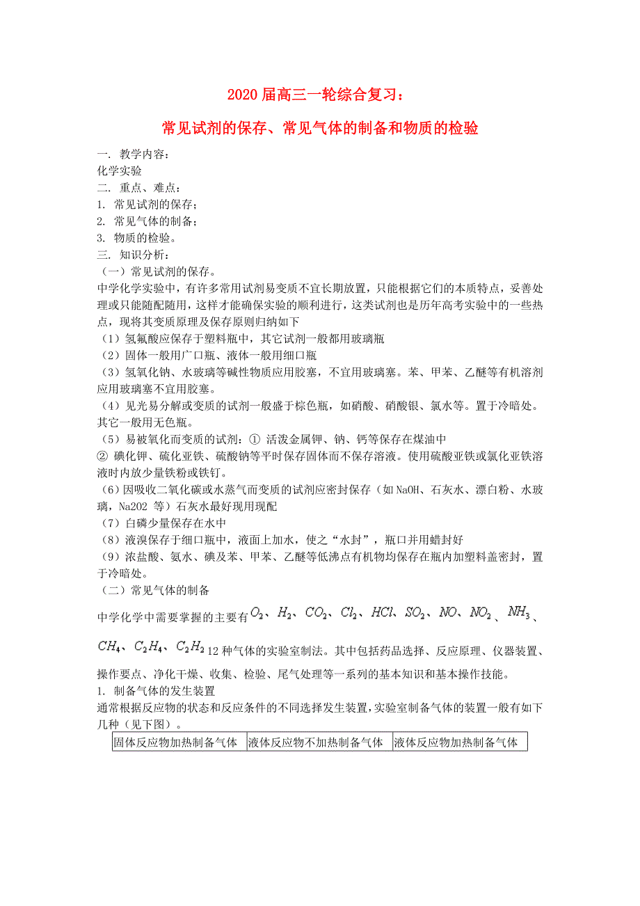 2020届高三高考一轮综合复习：化学实验--常见试剂的保存、常见气体的制备和物质的检验_第1页