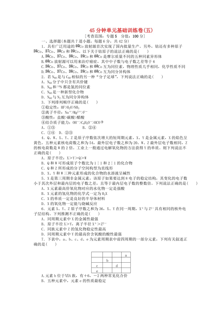 2020届高三化学一轮复习45分钟滚动基础训练卷（5） 苏教版_第1页