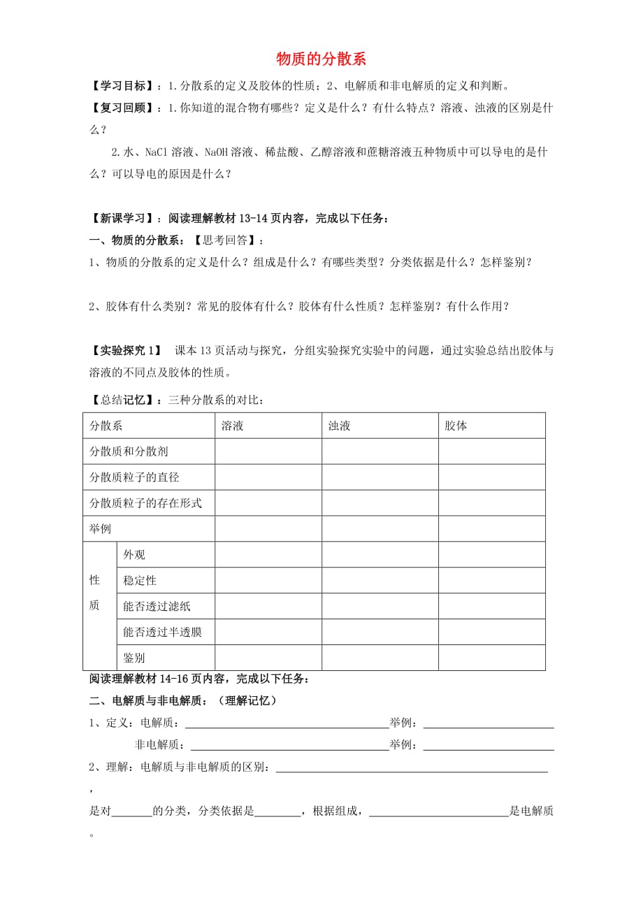 河北省邯郸市临漳县第一中学高中化学 第一单元 物质的分散系学案（无答案）苏教版必修1_第1页