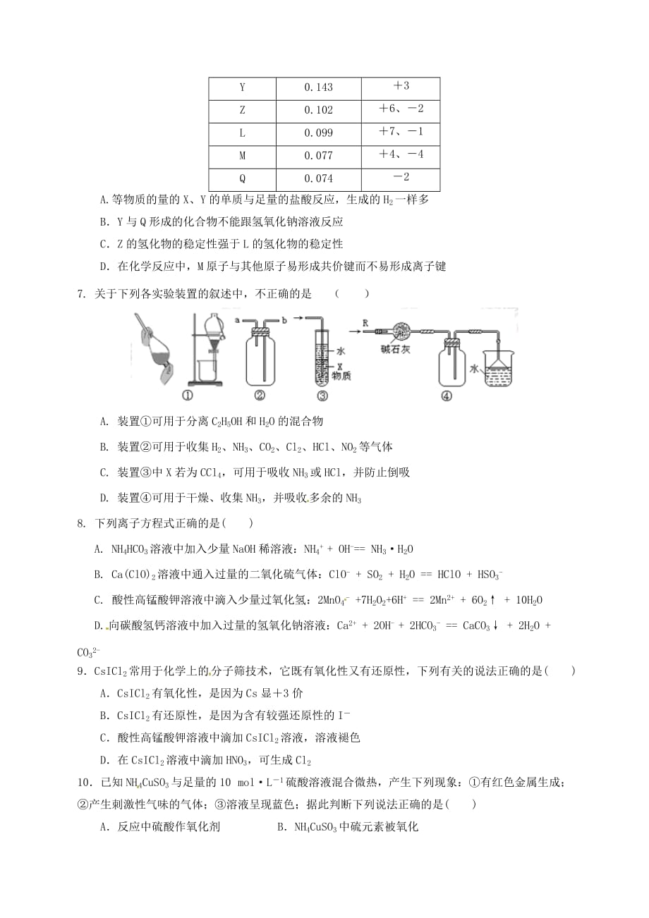 江西省景德镇市2020学年高一化学上学期期末考试试题（14班无答案）_第2页