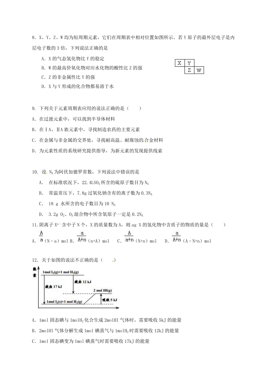 山东省蒙阴县2020学年高一化学下学期第一次月考试题（学优部无答案）_第2页