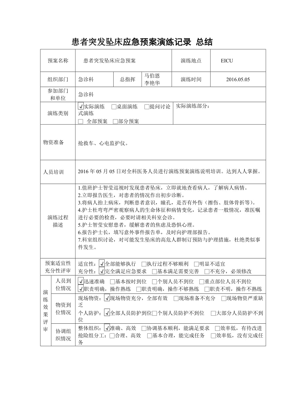 患者发生跌倒坠床应急预案演练记录-总结_第1页