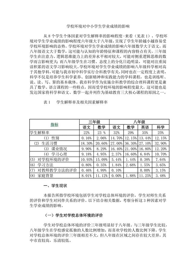 学校环境对中小学生学业成绩的影响