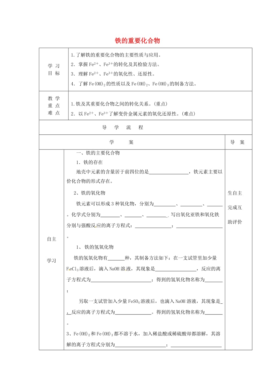 黑龙江省东方红林业局高级中学高中化学 18铁的重要化合物导学案（无答案）新人教版必修1（通用）_第1页