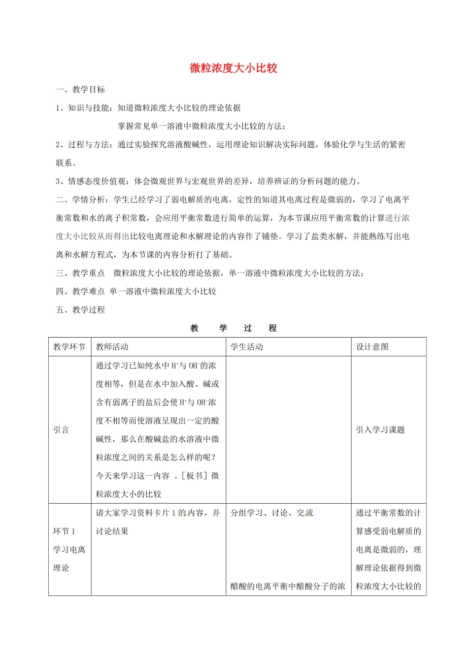 河北省南宫市高考化学二轮复习 微粒浓度大小比较教案（通用）_第1页