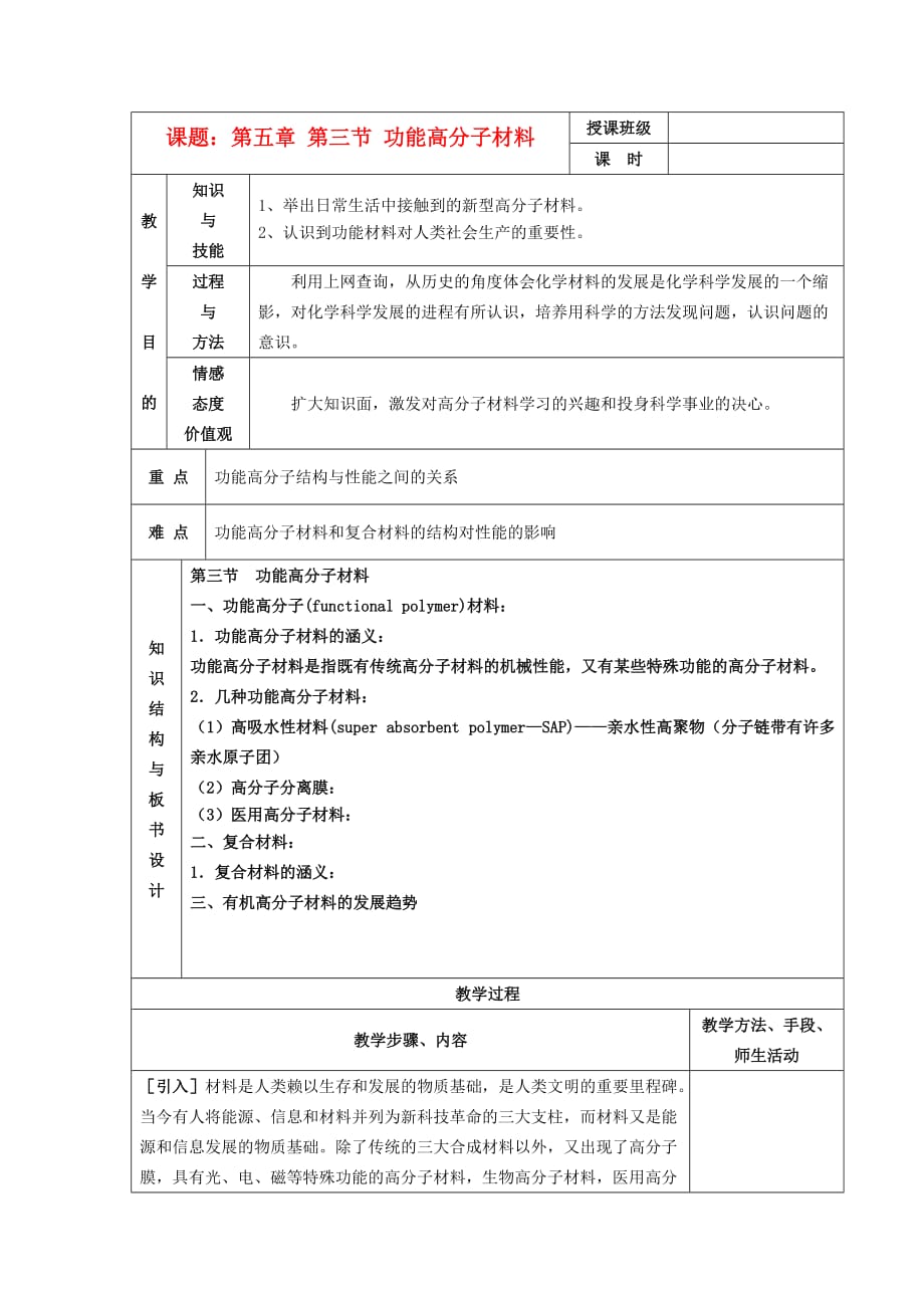 江苏省平潮高级中学高中化学集体备课 《第五章 进入合成高分子化合物的时代》第三节 功能高分子材料教案 选修5_第1页