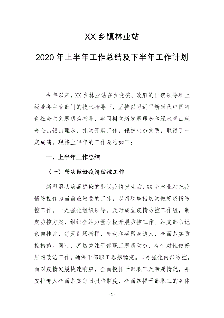 XX乡镇林业站2020年上半年工作总结及下半年工作计划_第1页