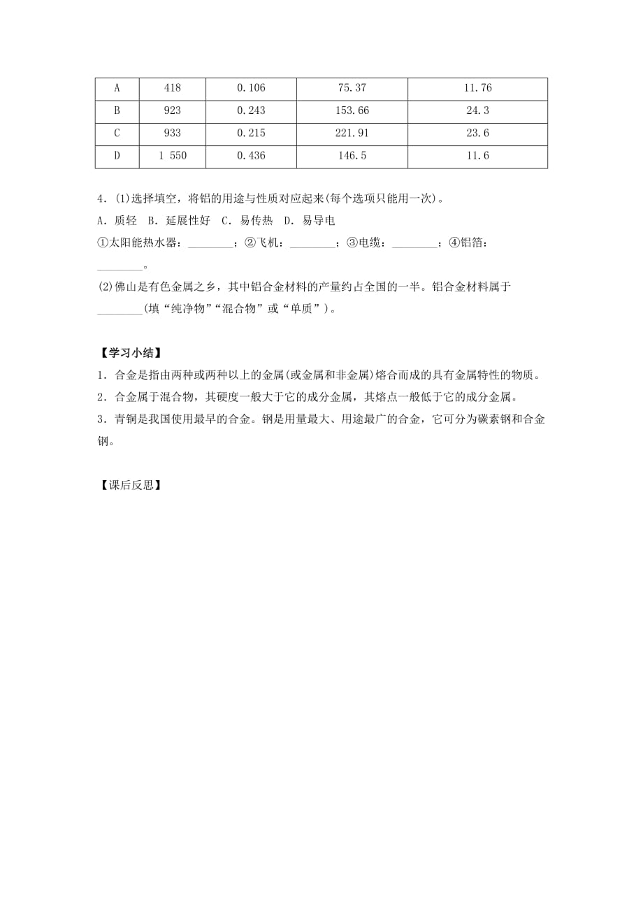 辽宁省北票市高中化学 第三章 金属及其化合物 3.3 用途广泛的金属材料学案（无答案）新人教版必修1（通用）_第4页