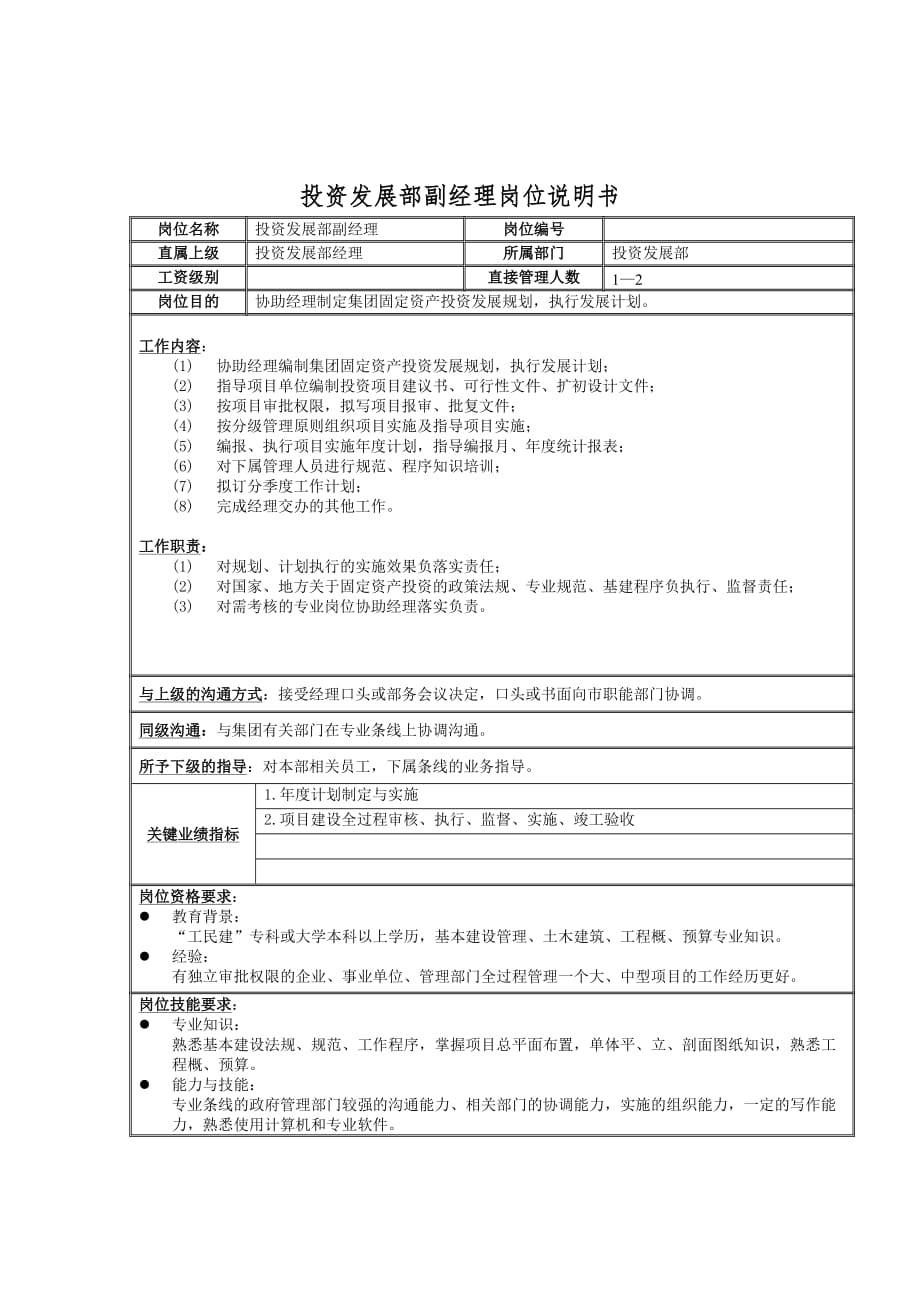 2020投资发展部副经理岗位说明书卓越_第2页