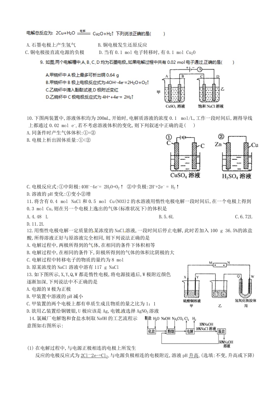 云南省2020年高中化学 4.3 电解原理（第3课时）练习（无答案）新人教版选修4_第2页