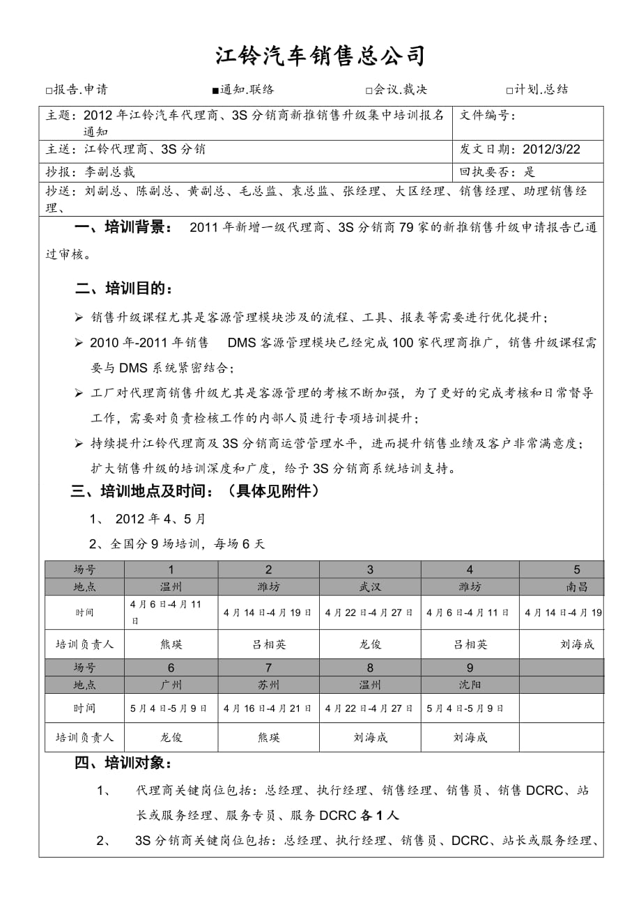 2012年江铃汽车代理商、3S分销商新推销售升级集中培训报名通知_第1页